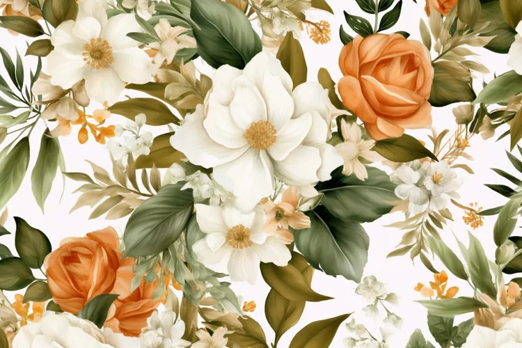 Watercolor floral border wreath with green leaves background