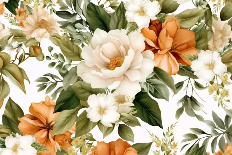 Watercolor floral border wreath with green leaves background