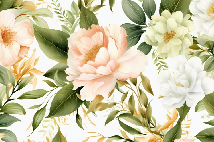 Watercolor floral border wreath with green leaves background