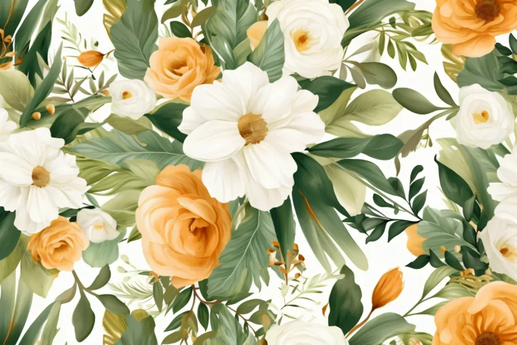 Watercolor floral border wreath with green leaves background