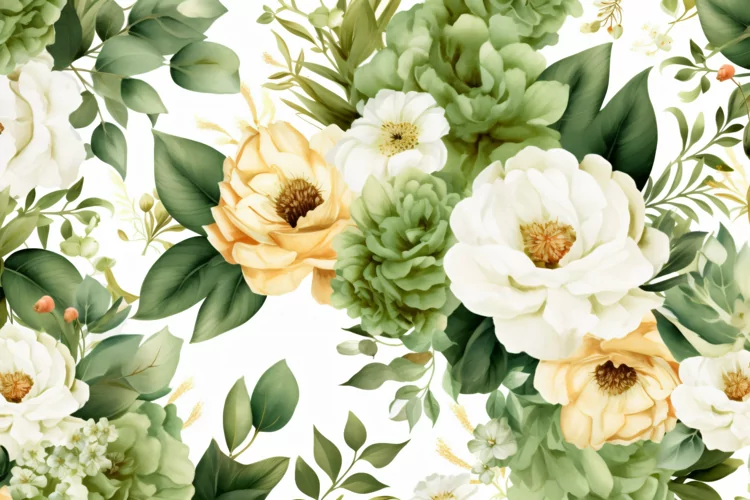 Watercolor floral border wreath with green leaves background