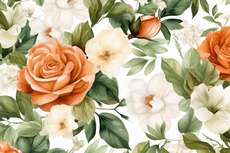 Watercolor floral border wreath with green leaves background