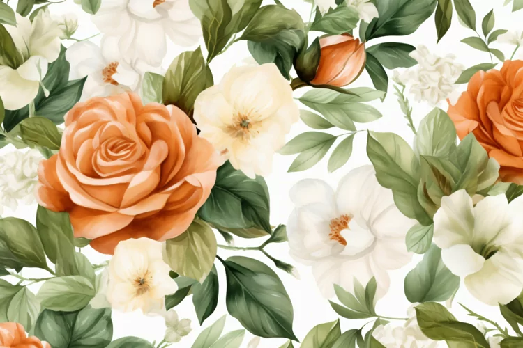Watercolor floral border wreath with green leaves background