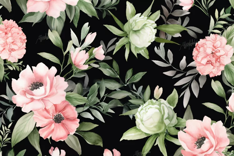 Watercolor floral border wreath with green leaves background