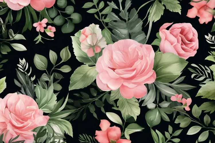 Watercolor floral border wreath with green leaves background