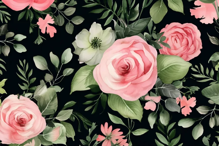 Watercolor floral border wreath with green leaves background