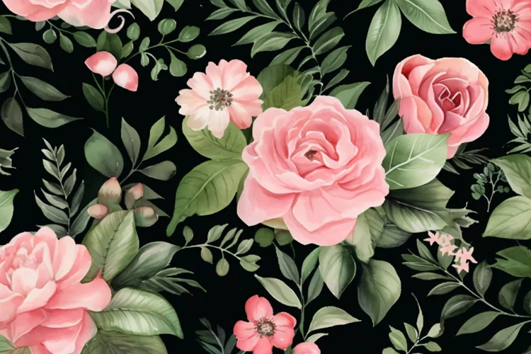 Watercolor floral border wreath with green leaves background