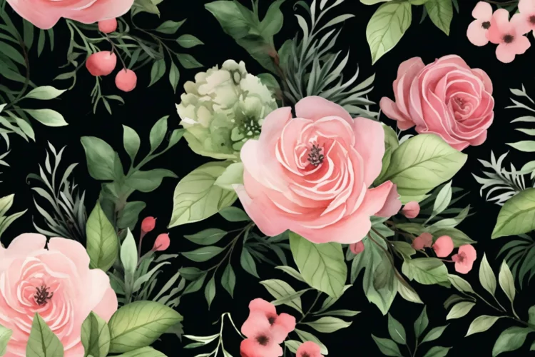 Watercolor floral border wreath with green leaves background