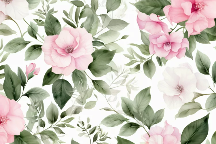 Watercolor floral border wreath with green leaves background