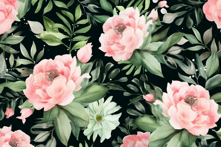 Watercolor floral border wreath with green leaves background