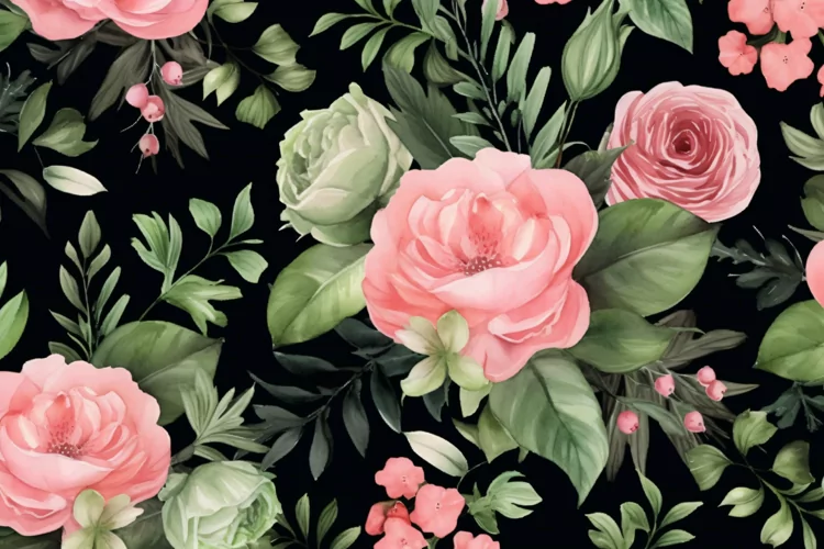 Watercolor floral border wreath with green leaves background
