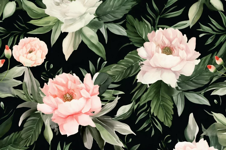 Watercolor floral border wreath with green leaves background