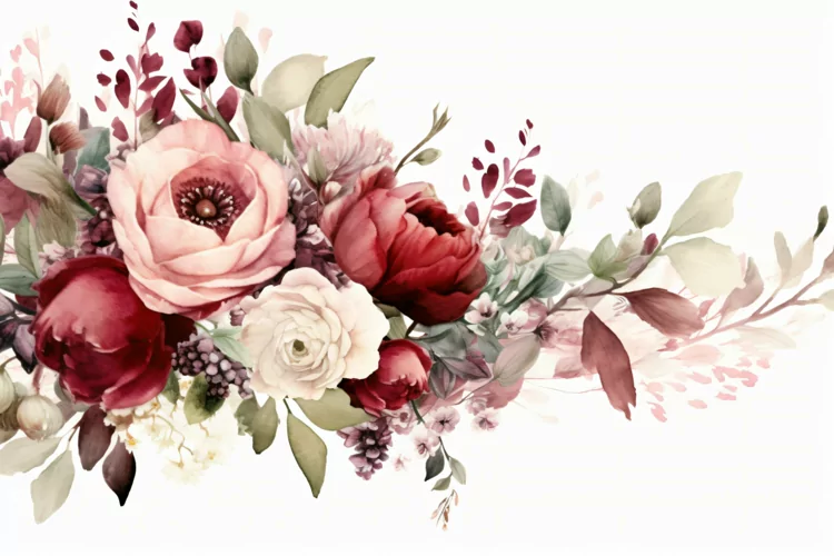 Watercolor floral border wreath with green leaves background