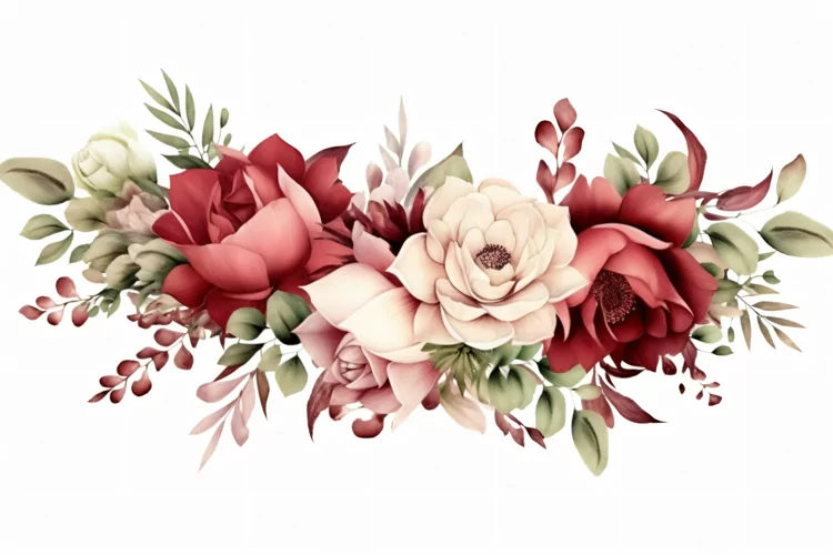Watercolor floral border wreath with green leaves background