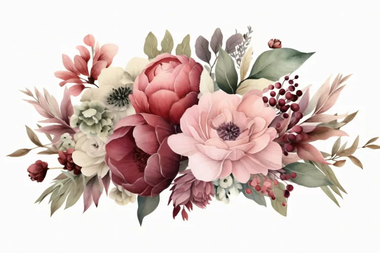 Watercolor floral border wreath with green leaves background