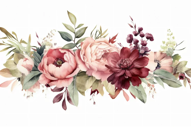 Watercolor floral border wreath with green leaves background