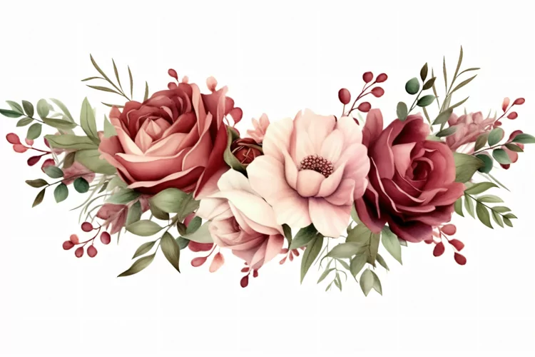 Watercolor floral border wreath with green leaves background