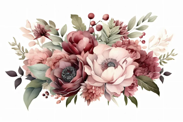 Watercolor floral border wreath with green leaves background
