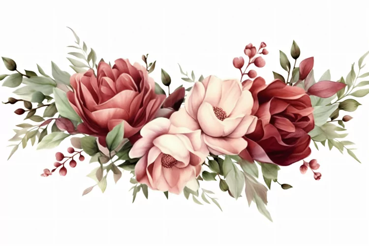 Watercolor floral border wreath with green leaves background