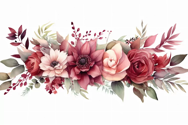 Watercolor floral border wreath with green leaves background