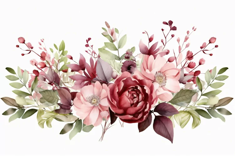 Watercolor floral border wreath with green leaves background