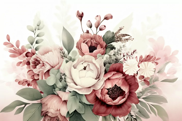 Watercolor floral border wreath with green leaves background