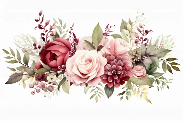 Watercolor floral border wreath with green leaves background