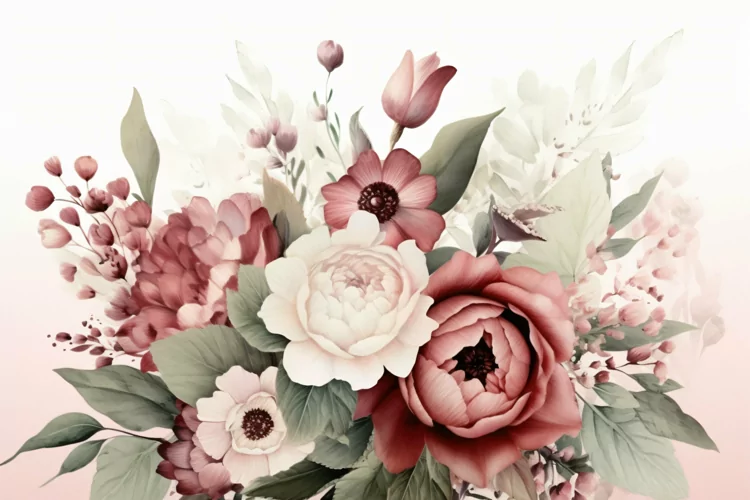 Watercolor floral border wreath with green leaves background