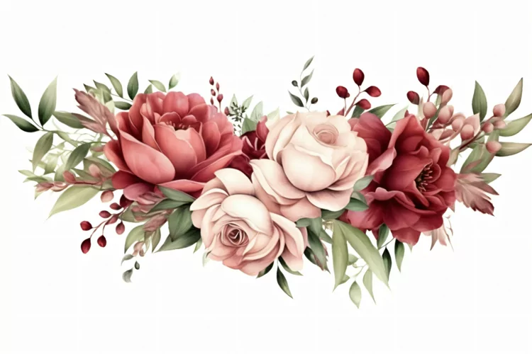 Watercolor floral border wreath with green leaves background
