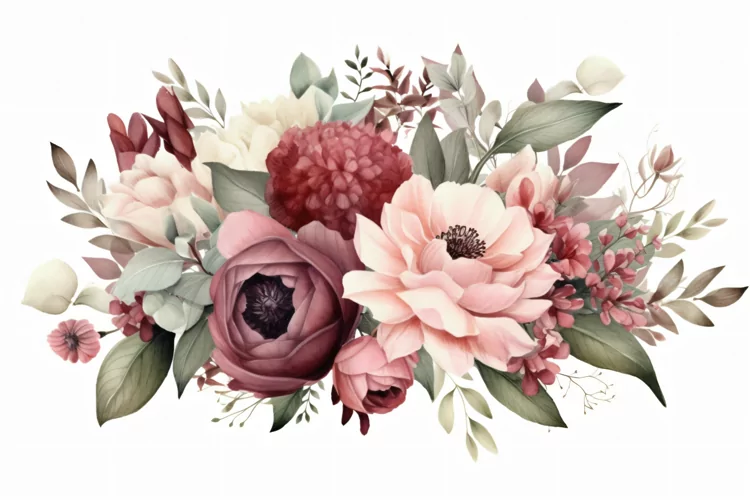Watercolor floral border wreath with green leaves background