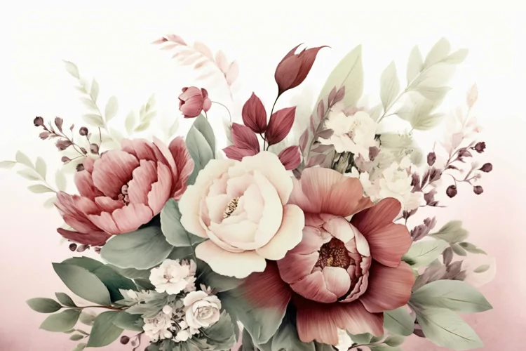 Watercolor floral border wreath with green leaves background