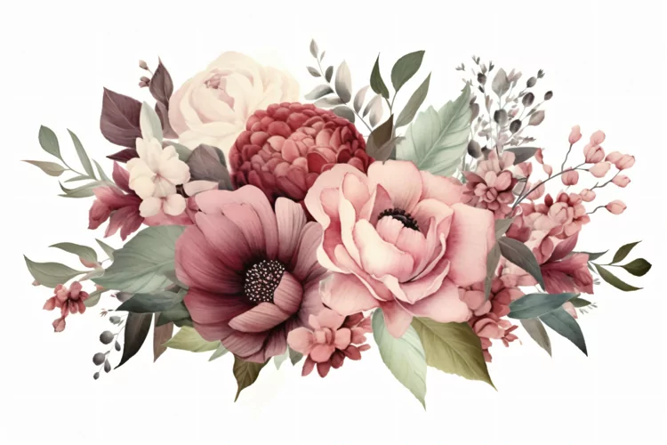 Watercolor floral border wreath with green leaves background