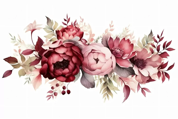 Watercolor floral border wreath with green leaves background