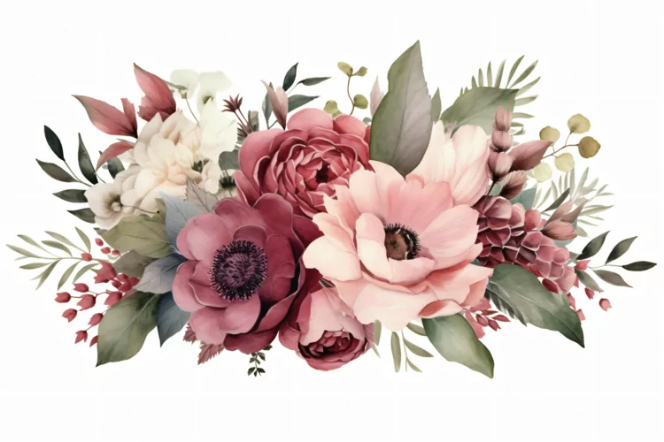 Watercolor floral border wreath with green leaves background