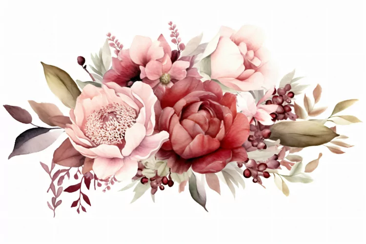 Watercolor floral border wreath with green leaves background