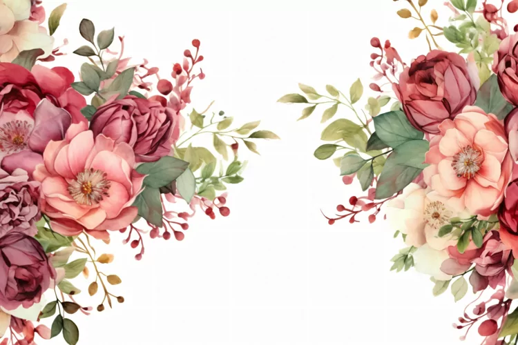 Watercolor floral border wreath with green leaves background