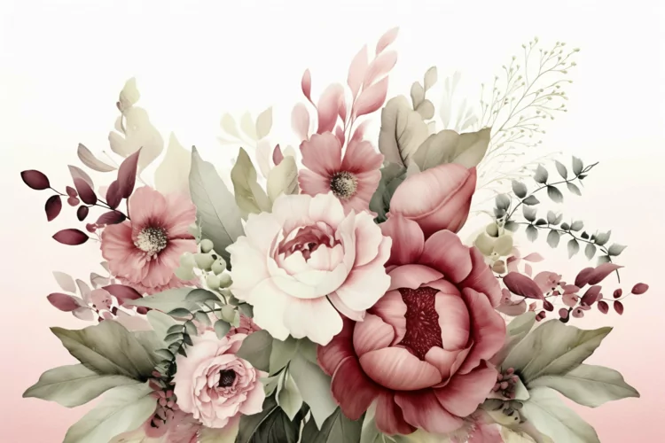 Watercolor floral border wreath with green leaves background