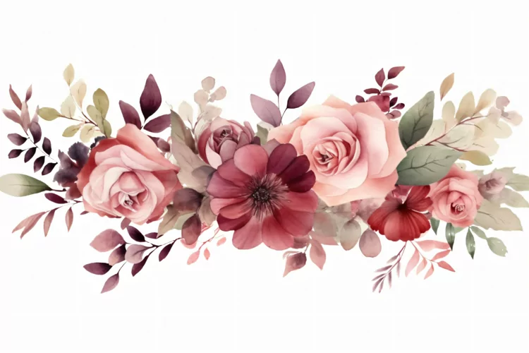Watercolor floral border wreath with green leaves background