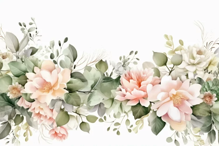Watercolor floral border wreath with green leaves background