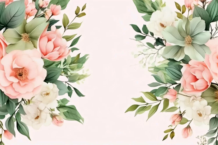 Watercolor floral border wreath with green leaves background