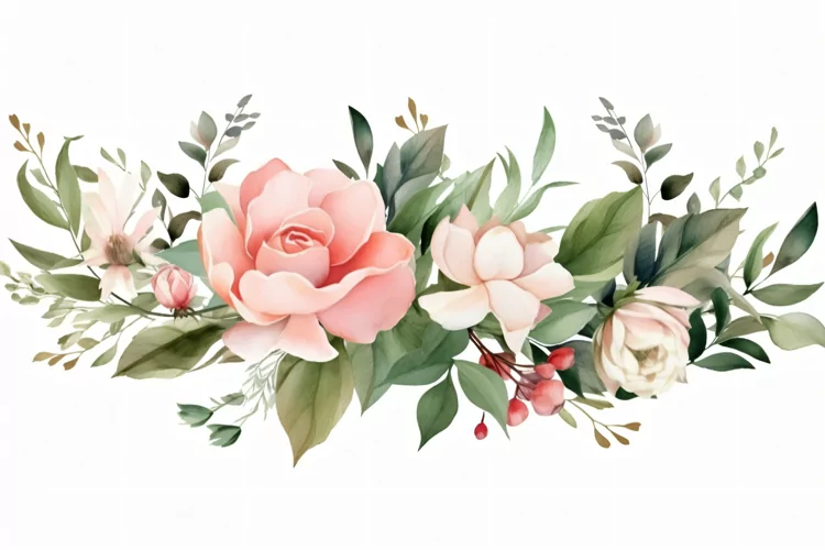 Watercolor floral border wreath with green leaves background