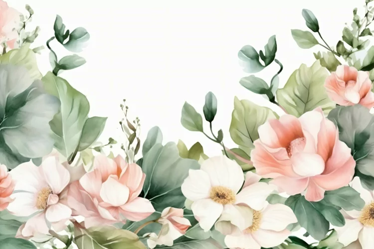 Watercolor floral border wreath with green leaves background