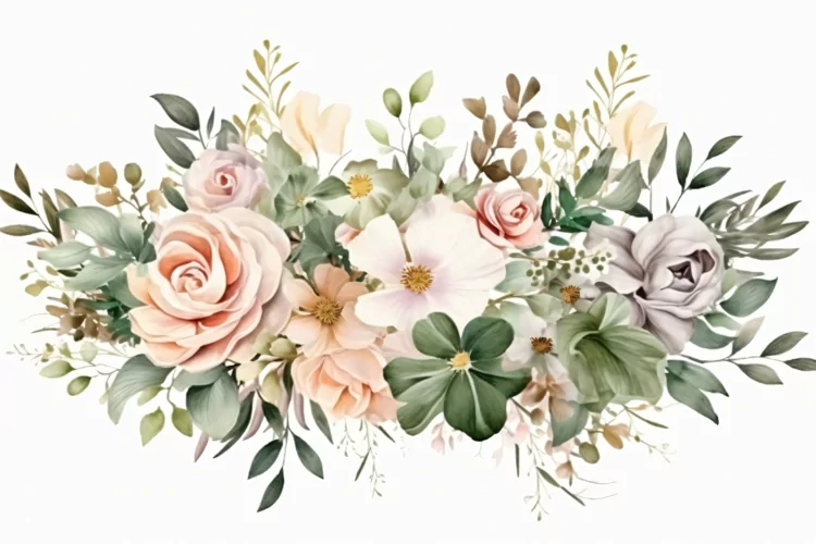 Watercolor floral border wreath with green leaves background
