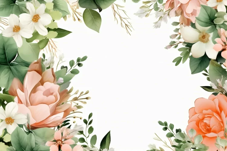 Watercolor floral border wreath with green leaves background