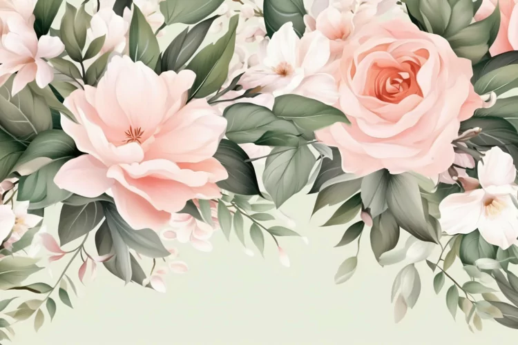Watercolor floral border wreath with green leaves background