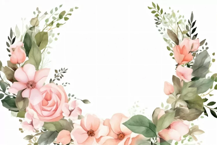 Watercolor floral border wreath with green leaves background