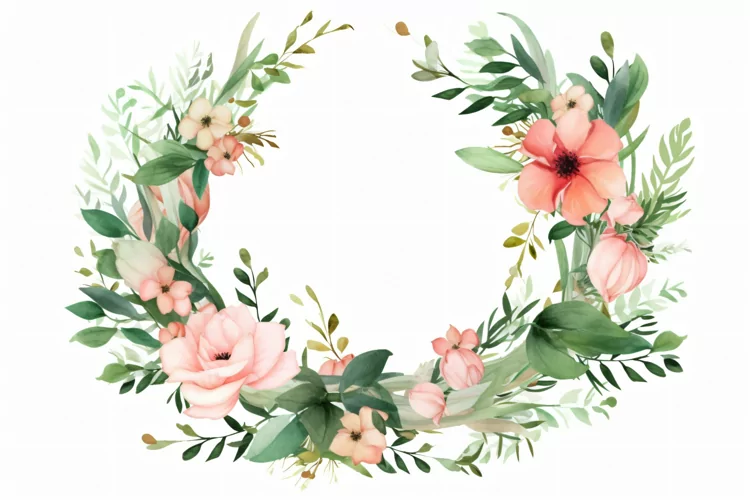 Watercolor floral border wreath with green leaves background