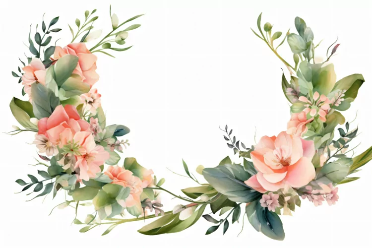 Watercolor floral border wreath with green leaves background