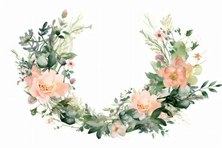 Watercolor floral border wreath with green leaves background