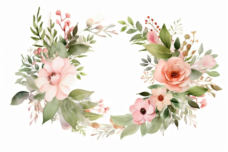 Watercolor floral border wreath with green leaves background